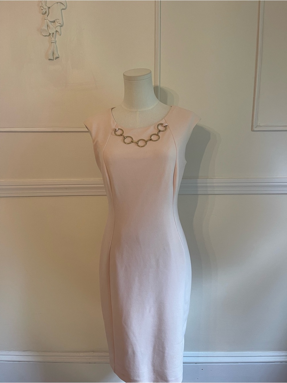 Calvin Klein Fitted Sheath Dress in Pale Pink with Gold Chain Detail